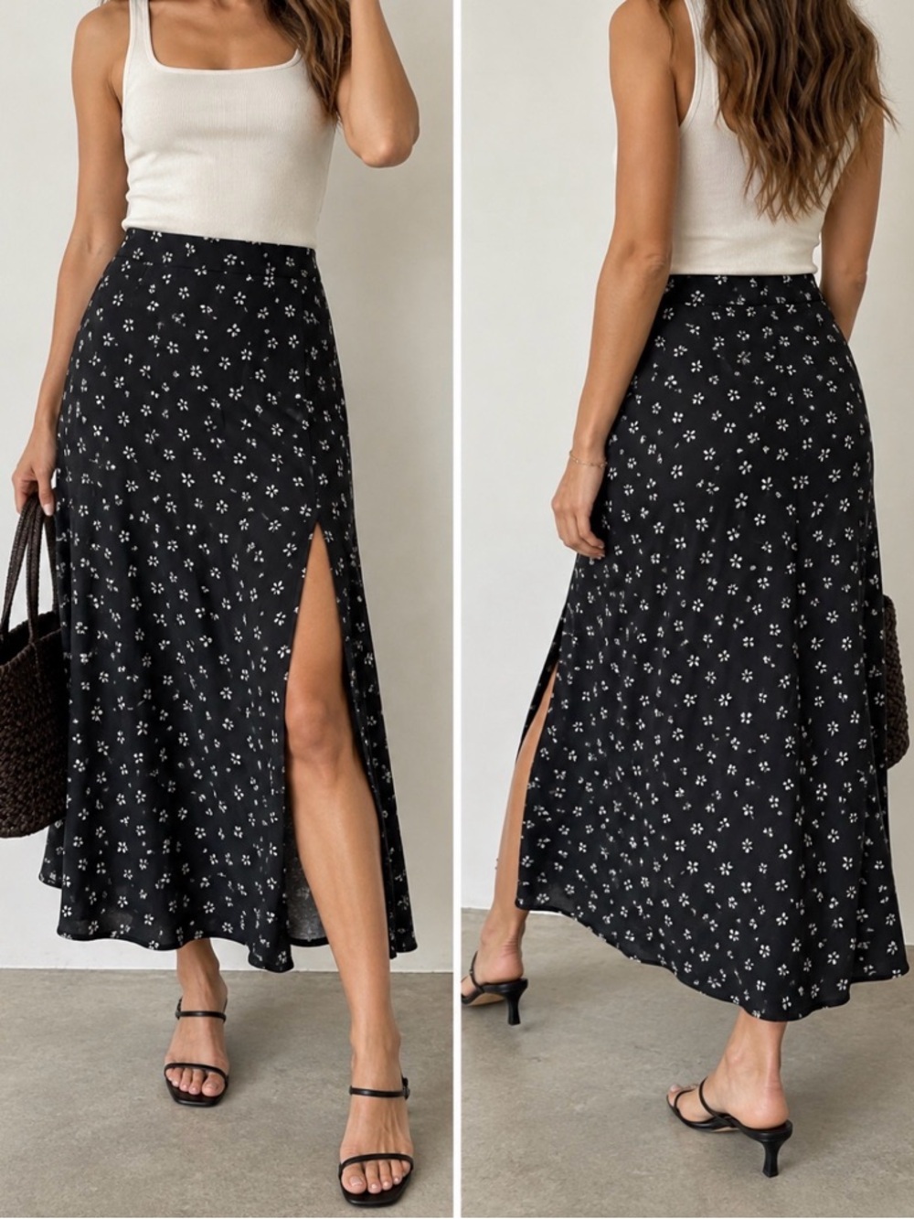 Reformation Black Floral Side Slit Midi Skirt Size 8 Romantic 90s Minimalist